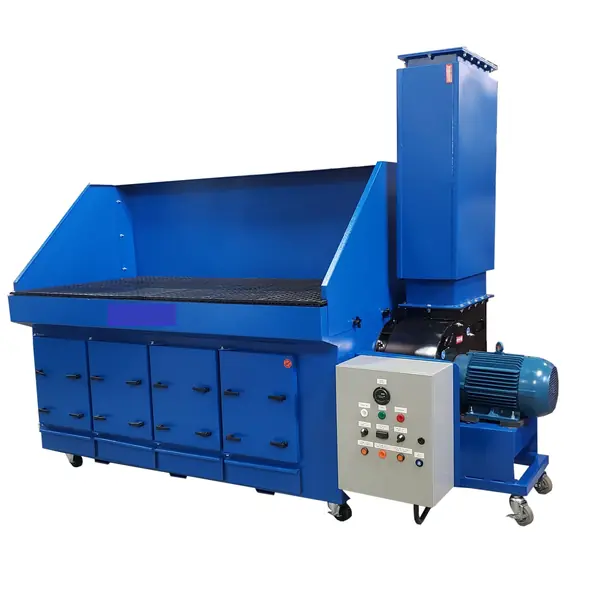 Blue downdraft table with a built-in collector, control panel and motor
