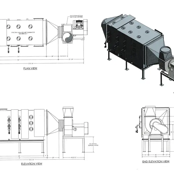 CAD plan, elevation and 3D drawings of a horizontal fume scrubber with its exhaust fan
