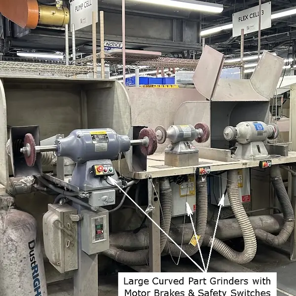 Large curved-part grinders and buffers fitted with motor brakes and safety switches