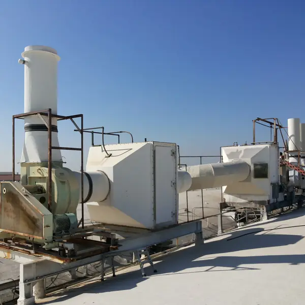 Rooftop exhaust blower and stack on a steel frame
